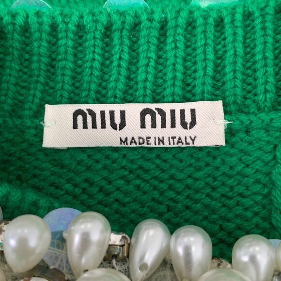 Miu Miu Green Beaded Cashmere Crew Neck Long Sleeve Knit Sweater - Picture 5 of 8